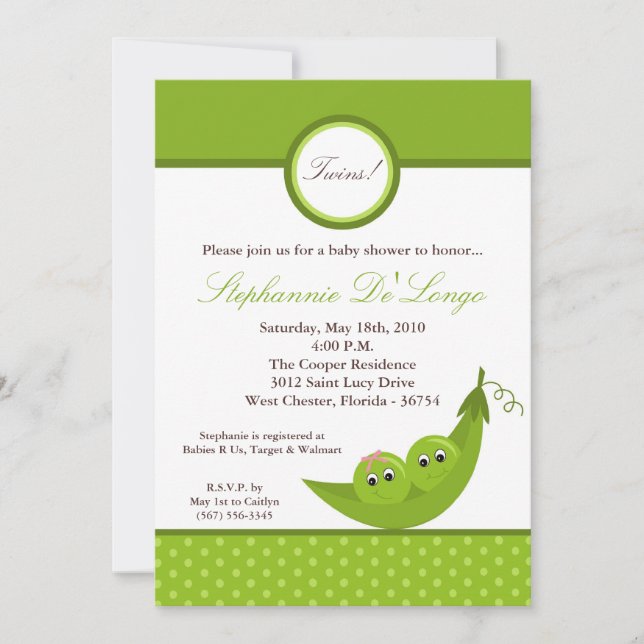 5x7 TWIN Boy Girl Peas Pod Baby Shower Invitation (Front)