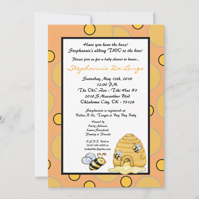 5x7 TWIN Honey Bumble Bee Baby Shower Invitation (Front)