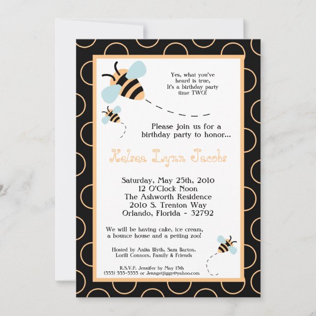 5x7 TWINS Bumble Honey Bee Birthday Invitation (Front)