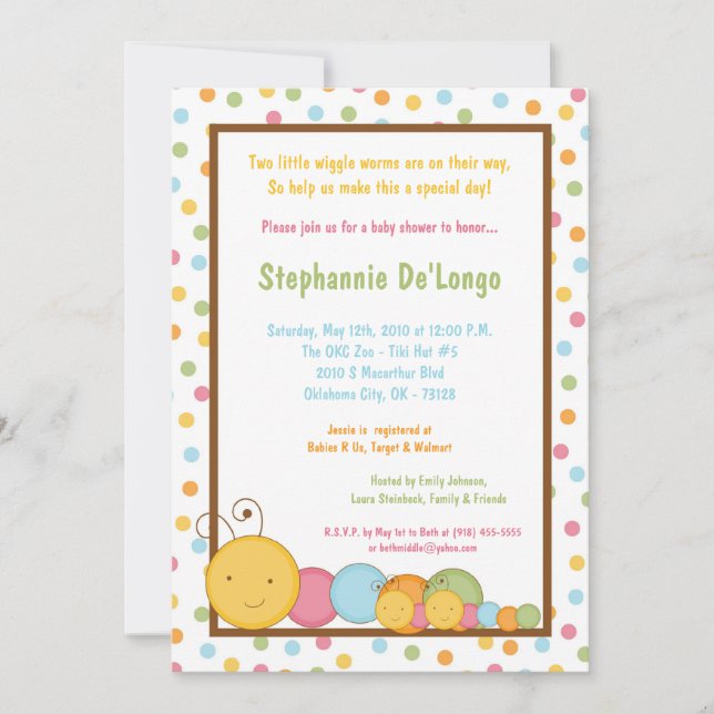 5x7 TWINS Caterpillar Worm Baby Shower Invitation (Front)