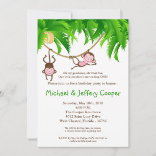 5x7 TWINS Monkey Jungle Birthday Party Invitation