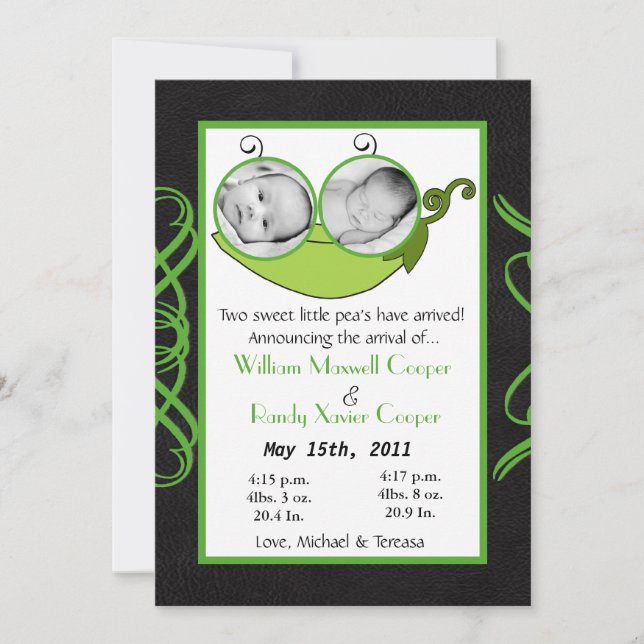 5x7  Twins Pea in a Pod  PHOTO Birth Announcement (Front)