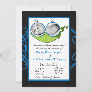 5x7  Twins Pea in a Pod  PHOTO Birth Announcement