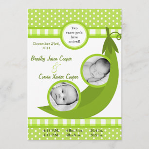 5x7  Twins Pea in a Pod  PHOTO Birth Announcement