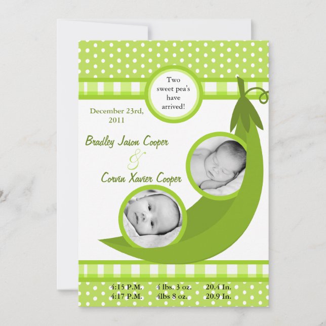 5x7  Twins Pea in a Pod  PHOTO Birth Announcement (Front)