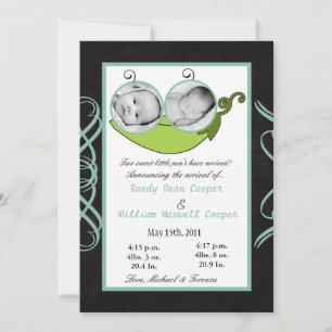 5x7  Twins Pea in a Pod  PHOTO Birth Announcement