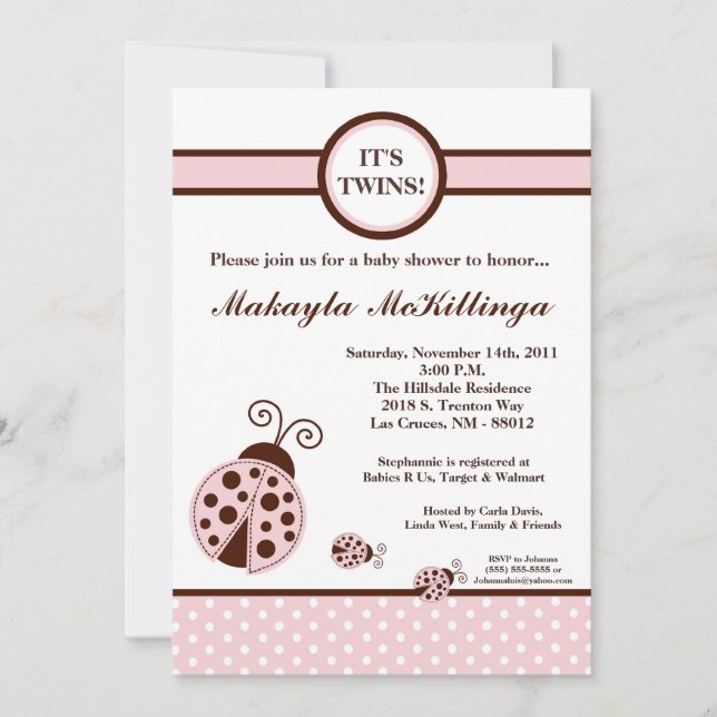 5x7 TWINS Pink Lady Bug Baby Shower Invitation (Front)