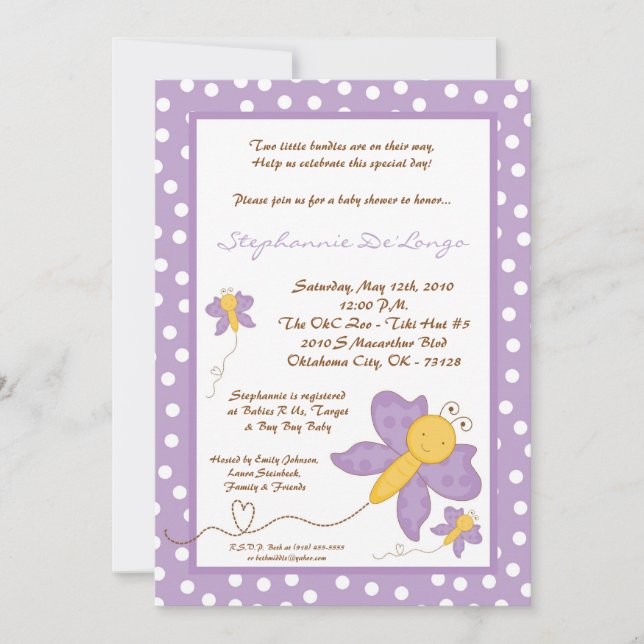 5x7 TWINS Purple Butterfly Baby Shower Invitation (Front)