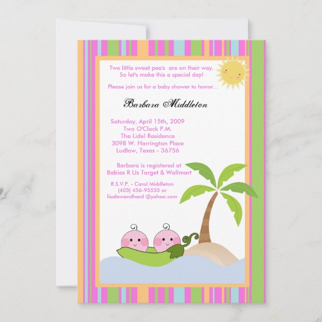 5x7 TWINS Sweetpea in Pod Baby Shower Invitation (Front)