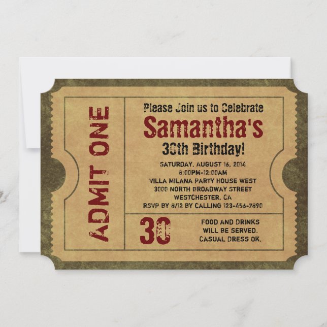 5x7 Vintage Gold Party Ticket Invitations (Front)
