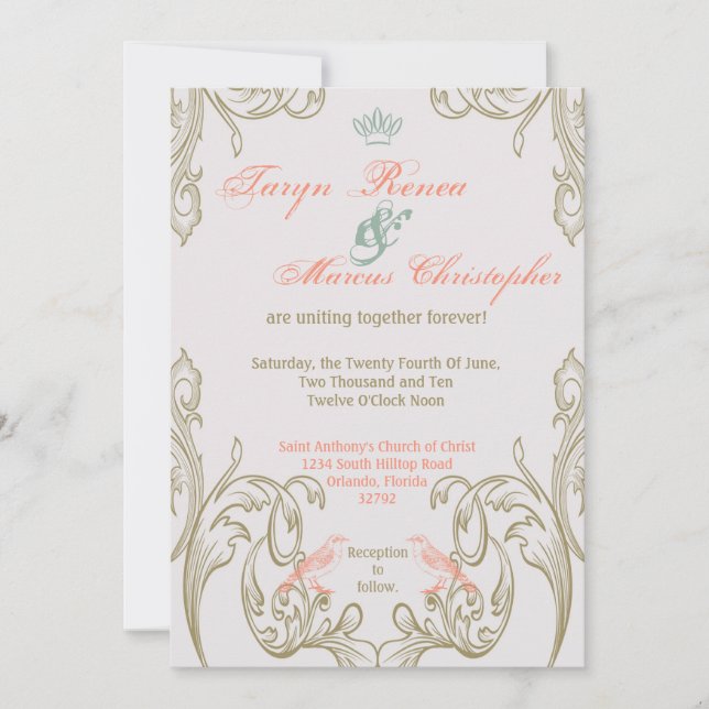 5x7 Vintage Love Birds Victoria Wedding Invitation (Front)