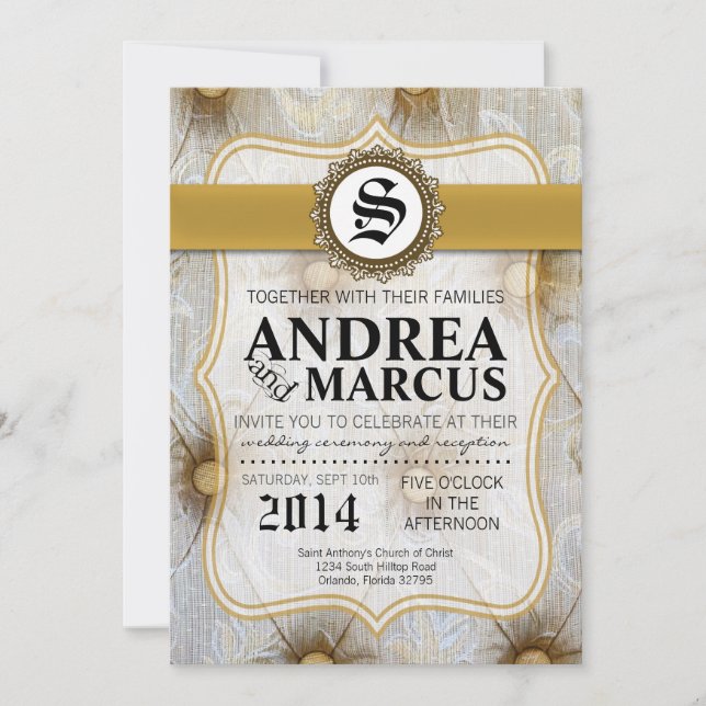 5x7 Vintage Pin Tuck Fabric Wedding Invitation (Front)