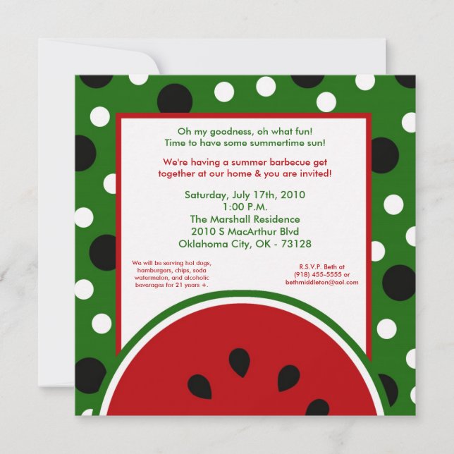 5x7 Watermelon Summer Picnic Barbecue Invitation (Front)