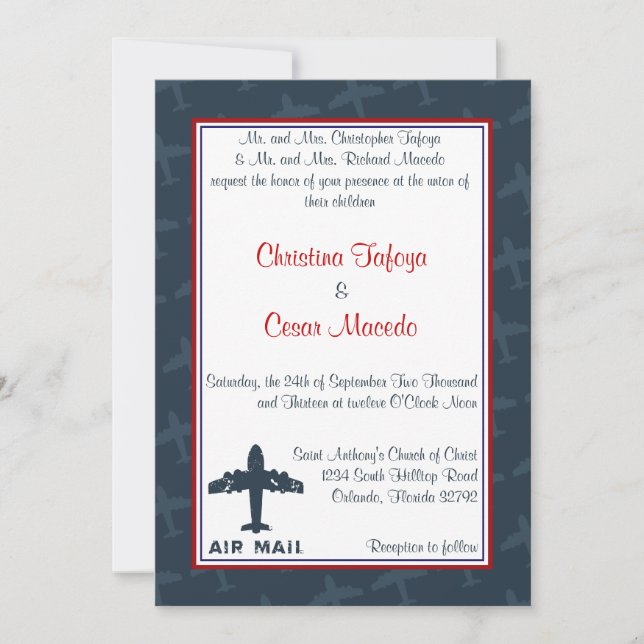 5x7 Wedding Invitation Aeroplane Flight Blue/Red (Front)