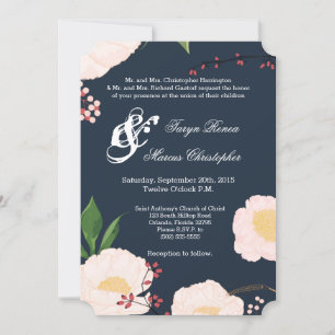 5x7 Wedding Invitation Baby Pink Cosmos on Navy