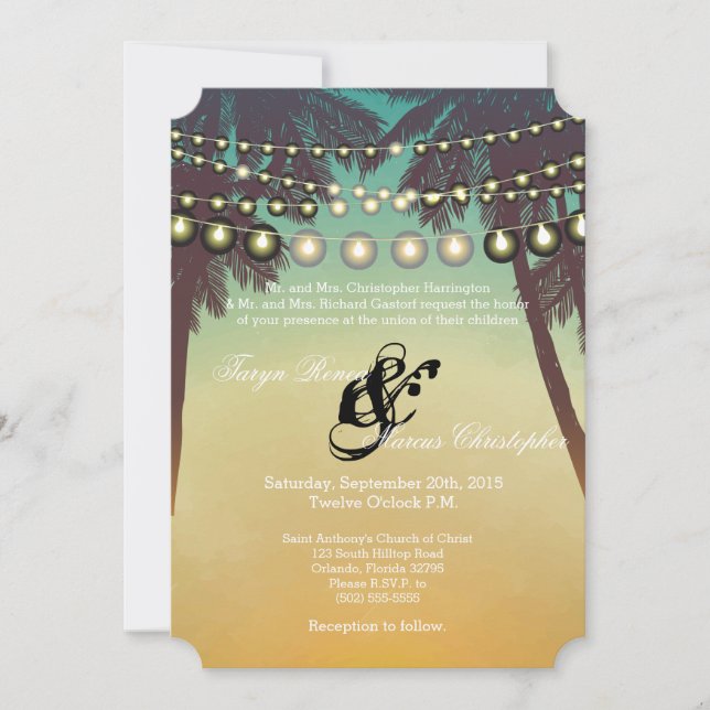 5x7 Wedding Invitation Beach Sunset Palm Tree Stri (Front)