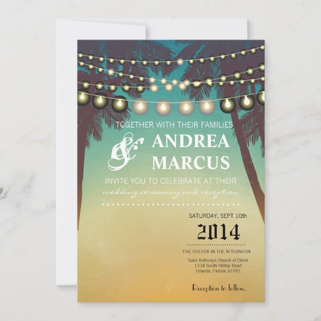 5x7 Wedding Invitation Beach Sunset Palm Tree Stri (Front)