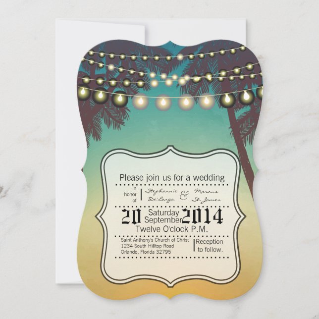 5x7 Wedding Invitation Beach Sunset Palm Trees Str (Front)