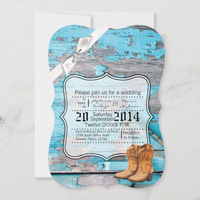 5x7 Wedding Invitation Blue Barn Wood Boots Countr (Front)