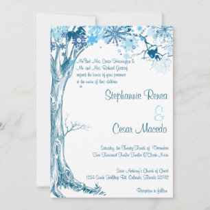 5x7 Wedding Invitation Blue Tree Snowflakes Winter