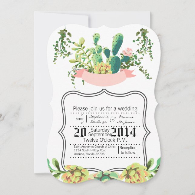 5x7 Wedding Invitation Bohemian Cactus Succulents (Front)