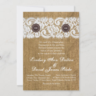 5x7 Wedding Invitation Button Burlap Lace