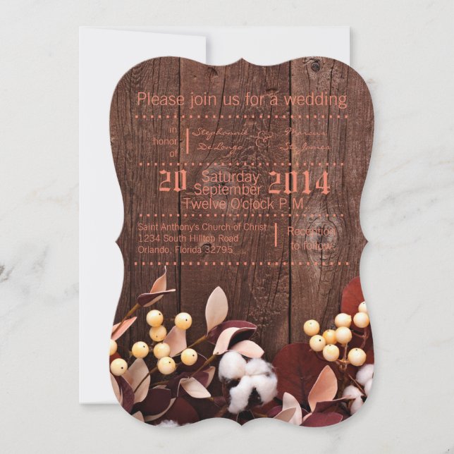 5x7 Wedding Invitation Cotton Branch on Dark Wood (Front)