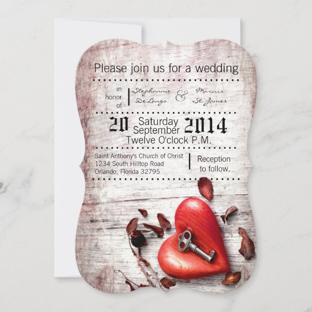 5x7 Wedding Invitation Country Wood Key to my Hear (Front)