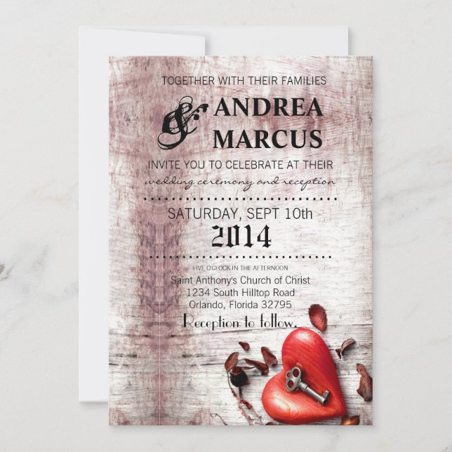 5x7 Wedding Invitation Country Wood Key to my Hear (Front)