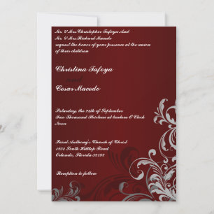 5x7 Wedding Invitation Dark Maroon Grey Swirls