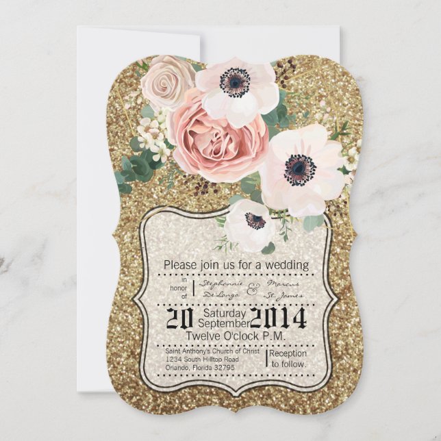 5x7 Wedding Invitation Geometric Rose Gold Glitter (Front)
