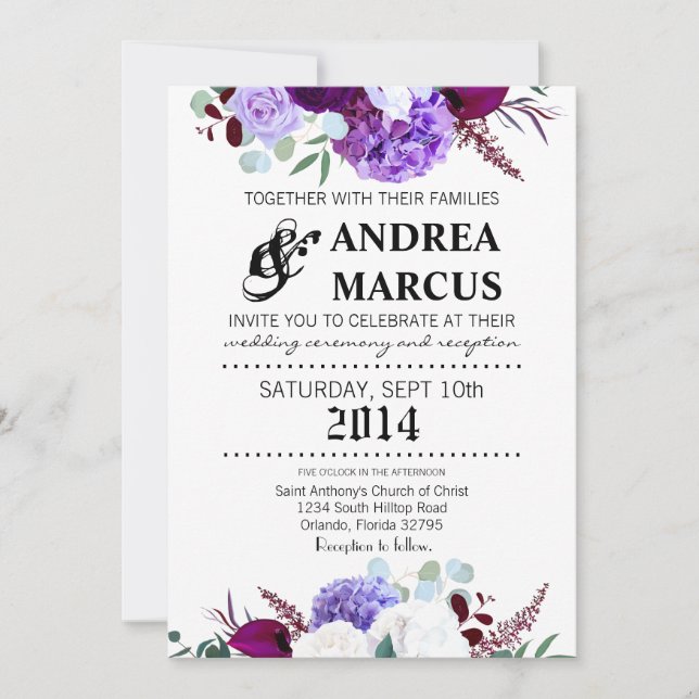 5x7 Wedding Invitation Lavander Hibiscus on White (Front)