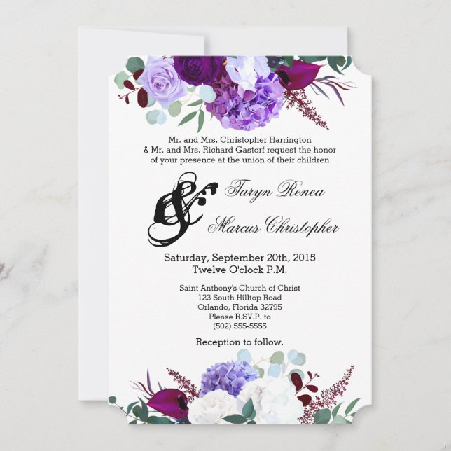 5x7 Wedding Invitation Lavander Hibiscus on White (Front)