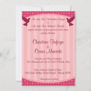 5x7 Wedding Invitation Love Birds Pink Stripes/Dot