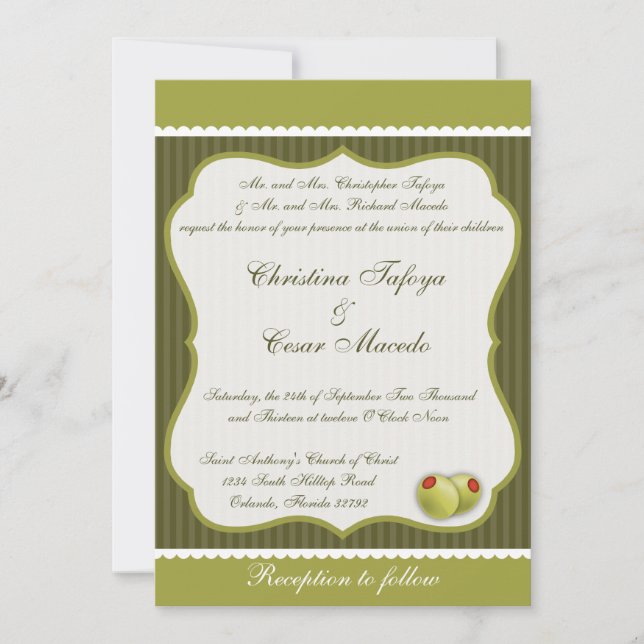 5x7 Wedding Invitation Martini Olives Green Stripe (Front)