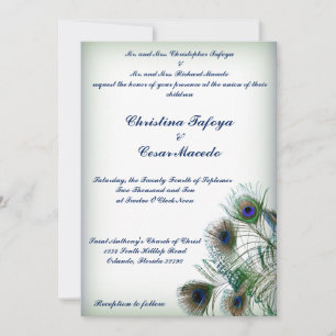 5x7 Wedding Invitation Peacock Feathers Blue/Green