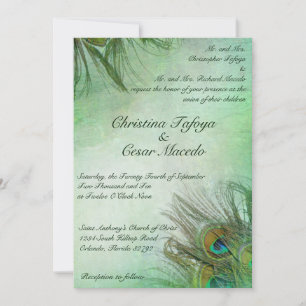 5x7 Wedding Invitation Peacock Green Feathers