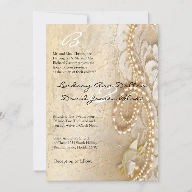 5x7 Wedding Invitation Pearl & Lace (Front)