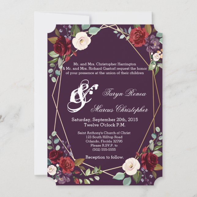 5x7 Wedding Invitation Plum Purple Roses Gold Geom (Front)