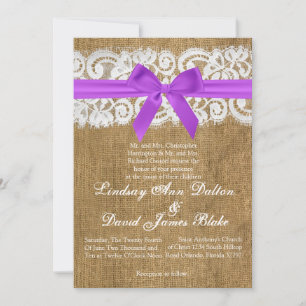 5x7 Wedding Invitation Purple Burlap Lace