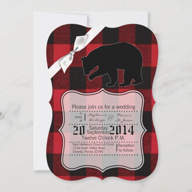 5x7 Wedding Invitation Red Buffalo Plaid Bear Blac (Front)