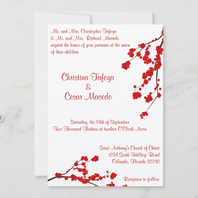 5x7 Wedding Invitation Red Cherry Blossom Branch (Front)