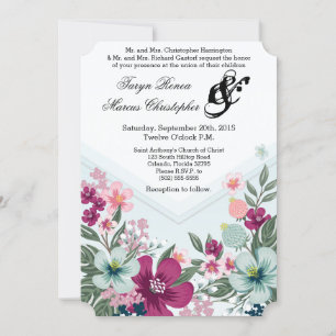 5x7 Wedding Invitation Tropical Flowers on Blue Om