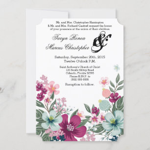 5x7 Wedding Invitation Tropical Flowers on White