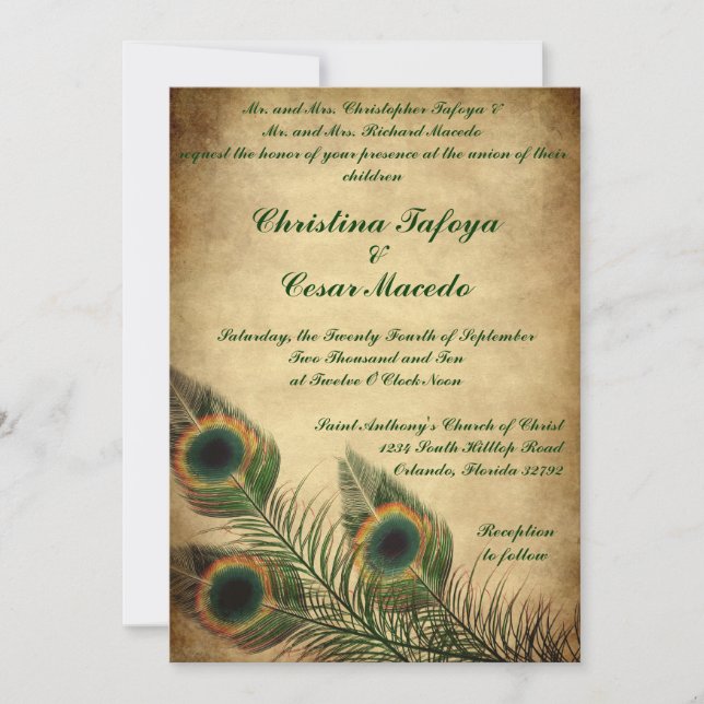 5x7 Wedding Invitation Vintage Peacock Feathers (Front)