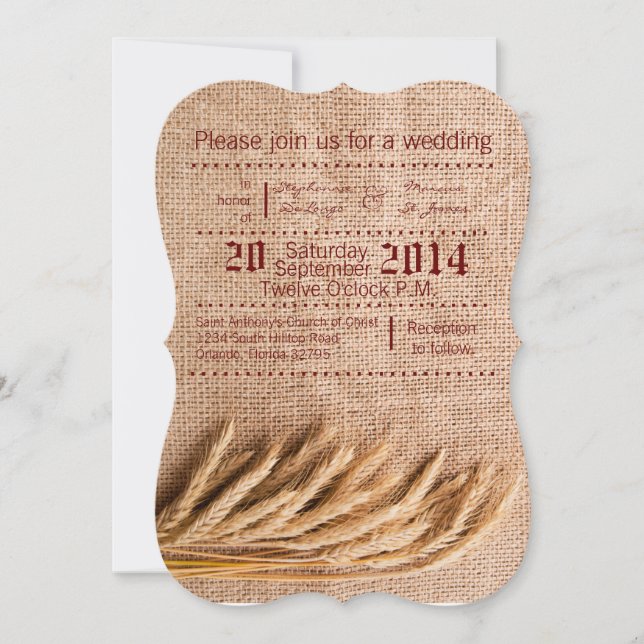 5x7 Wedding Invitation Wheat on Burlap Sack Countr (Front)