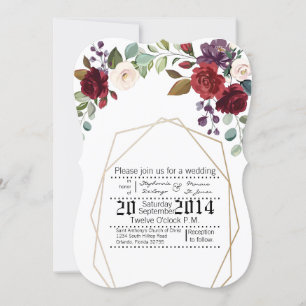5x7 Wedding Invitation White Roses Gold Geom