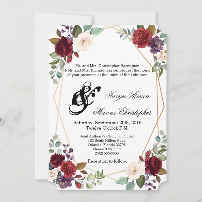 5x7 Wedding Invitation White Roses Gold Geometric (Front)