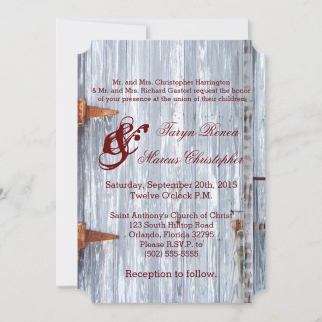 5x7 Wedding Invitation White Wash Wood Barn Door C (Front)