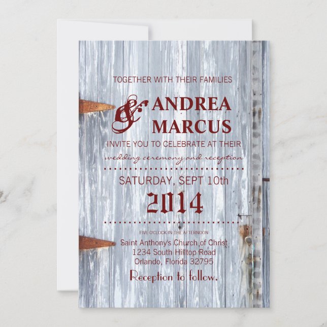 5x7 Wedding Invitation White Wash Wood Barn Door C (Front)